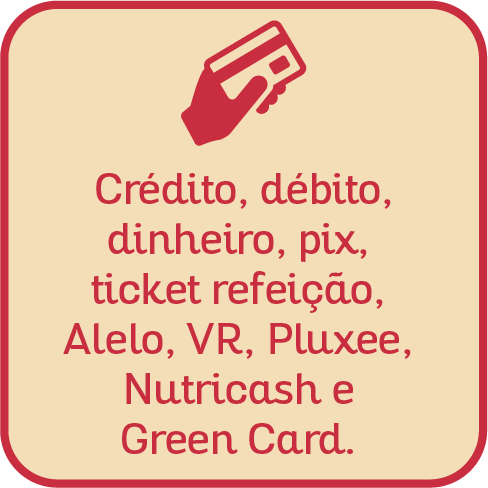 Crédito, débito, dinheiro, pix, ticket refeição, Alelo, VR, Pluxee, Nutricash e Green Card